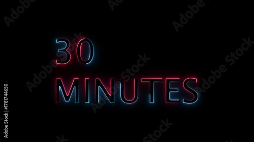 Neon glow typography 30 MINUTES with blue and red lighting.