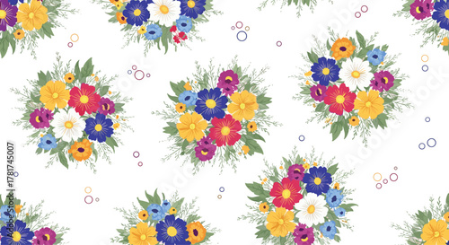 A vibrant seamless pattern featuring cheerful bouquets of various colorful flowers on a clean white background, creating a fresh and lively design.
