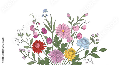 A charming and colorful illustration of a vibrant bouquet featuring an assortment of wildflowers and garden flowers against a white background.