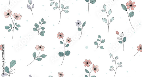 Watercolor style seamless pattern featuring whimsical pink and lavender flowers, delicate green leaves, and scattered light blue dots on a clean white background.
