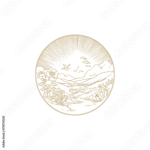 circular vintage engraving illustration depicting a serene rural landscape. The scene features a waterfall and river flowing through rolling hills, framed by detailed wildflowers, with birds flying be