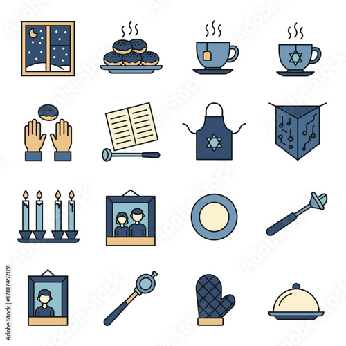 A vibrant collection of flat design vector icons illustrating various elements and traditions associated with the Jewish holiday of Hanukkah and winter celebrations.