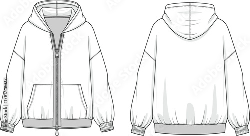 Cad drawing flat vector, technical fashion illustration, hooded zip jacket design, front zipper closure, ribbed cuffs hem, apparel sketch, clothing template