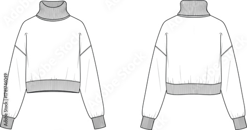 Cad drawing flat vector, technical fashion illustration, long sleeve cropped sweater, turtleneck design, ribbed cuffs, waistband, apparel sketch, clothing template