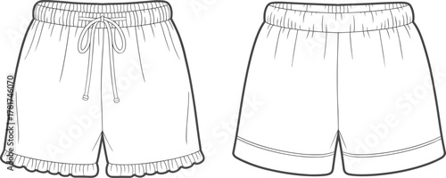 Cad drawing flat vector, technical fashion illustration, shorts design, elastic waistband, drawstring detail, ruffled hem, sporty seam, apparel sketch, clothing template