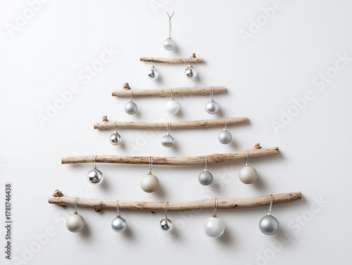Wooden branch Christmas tree decorated with minimal silver ornaments, white background.