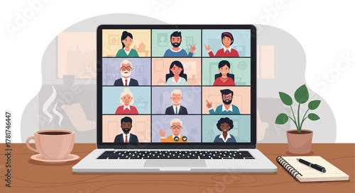 Laptop screen displays video conference with multiple participants from diverse backgrounds, fostering sense connection and collaboration in remote work setting