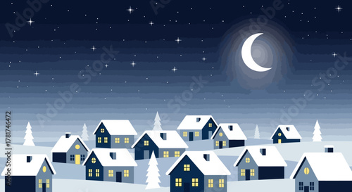 Serene winter village scene under starry night sky with crescent moon, featuring snowcovered houses and trees, evoking peaceful and festive holiday atmosphere