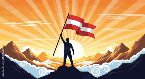 Silhouette person standing triumphantly on mountain peak, holding the austrian flag high against dramatic sunrise sky with rays light and clouds