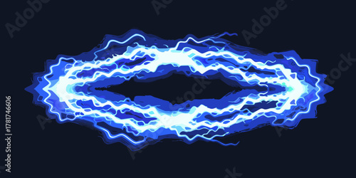 Abstract blue electric energy portal or vortex with glowing light on a dark background