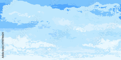 Abstract digital painting of a bright blue sky filled with textured white clouds