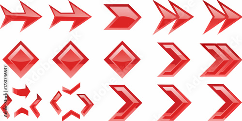 Collection of shiny red directional arrows and diamond shapes on a white background