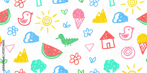 Cute hand drawn summer icons seamless pattern with sun ice cream watermelon birds and flowers