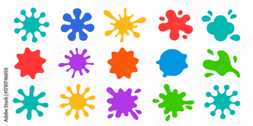 Collection of colorful abstract paint splatters and blobs on a white background