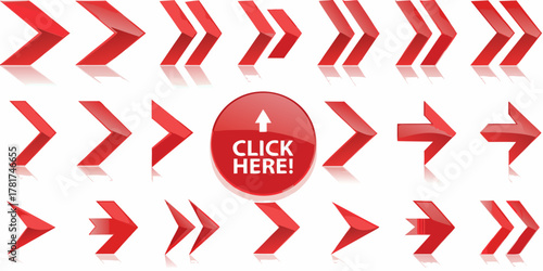 Collection of red glossy arrows and click here button isolated on white background with reflections
