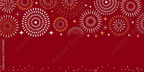 Festive red background with abstract white and gold fireworks and starbursts for celebration
