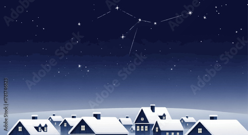 Serene winter night sky filled with stars and constellations above quiet village with snowcovered houses, creating peaceful and magical atmosphere