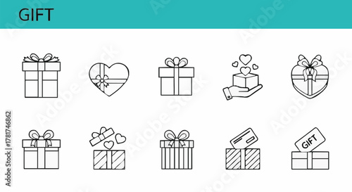 Gift Line Icons Set – 10 Minimalist Present Symbols in Black Outline – Perfect for E-Commerce, Social Media, UI UX, Marketing – Editable EPS PNG SVG