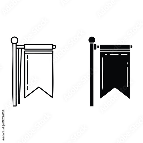 Flags in Two Styles: Two flags, one light and one dark, each on their poles, ready to be raised, symbolize different concepts.