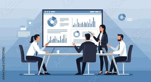 Business meeting in progress, with team analyzing charts and graphs on large screen, symbolizing data analysis, strategy, and teamwork in corporate setting