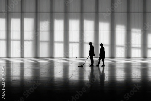 Wallpaper Mural A monochromatic image featuring two silhouetted figures cleaning a reflective floor, with light and shadow patterns highlighting architectural details in a large interior space. Torontodigital.ca