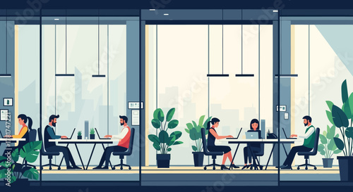 Modern office interior with employees working at their desks in bright, openplan workspace with large windows offering city view, plants, and contemporary furniture, promoting productivity