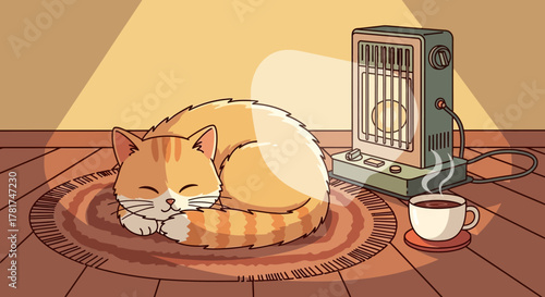 Cozy ginger cat sleeping curled up on rug next to small electric heater and steaming cup coffee, evoking warmth and comfort during cold day