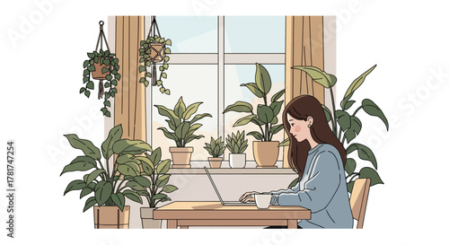 Woman working on laptop at desk surrounded by numerous potted plants, with window and curtains in the, creating lush and tranquil home office environment