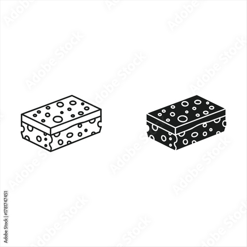 Cleaning Sponge: A simple illustration of a cleaning sponge, presented in both a solid and outline design, perfect for projects related to domestic cleaning.