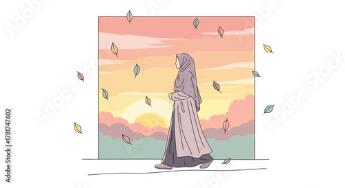 Woman wearing hijab and long coat walks in park during autumn with falling leaves and beautiful sunset in the, style