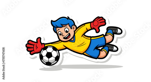 Cartoon Goalkeeper Diving to Save a Soccer Ball, Sportsmanship and Animated Competition