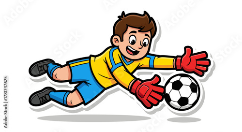 Cartoon illustration of a goalkeeper diving to save a soccer ball, action-packed scene