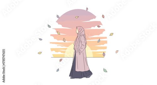 Woman in hijab and long coat stands against vibrant sunset sky with falling leaves, evoking sense peace and reflection