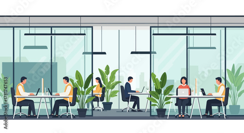 Modern office interior with glass walls, featuring employees working at desks with laptops and plants, creating collaborative and productive work environment with natural light
