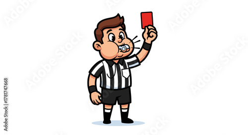 Cartoon soccer referee blowing a whistle and showing a red card for a serious foul. Vector illustration of a sports official isolated on white