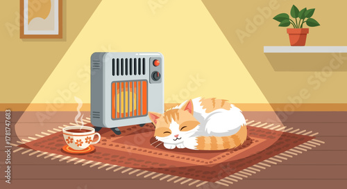 Cozy scene cat sleeping on rug next to portable electric heater and cup hot tea, radiating warmth and comfort on cool day