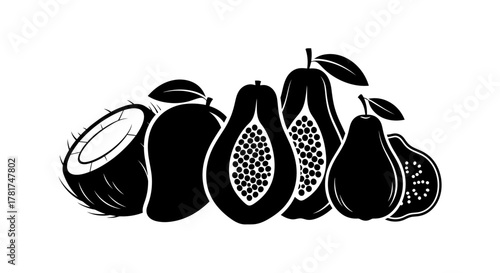 Tropical fruits icons set isolated on white background, coconut and papaya items