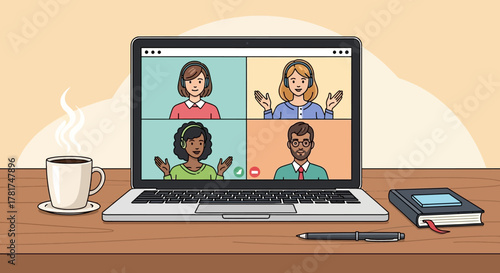 Laptop screen displaying video conference call with four participants in separate windows, showing diverse individuals communicating remotely, with steaming cup coffee and notebook on the desk