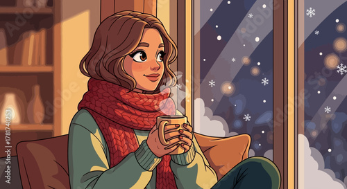 Cozy young woman in warm sweater and scarf, holding steaming mug hot chocolate, looking out window at falling snow and twinkling lights, enjoying peaceful winter evening indoors