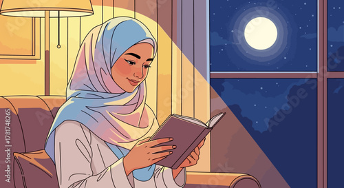 woman muslim hijab reading book lamp light night moon sky window home