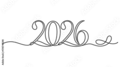 stylized 2026 typography in continuous string design, elegant cursive digits for new year, celebration, calendar, decorative concept