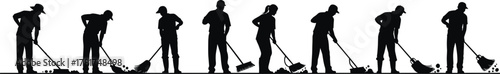 Sweeping worker silhouettes, cleaning staff, broom workers, manual labor, sanitation job, housekeeping vector, janitor illustration, floor cleaning, debris removal, workplace hygiene design
