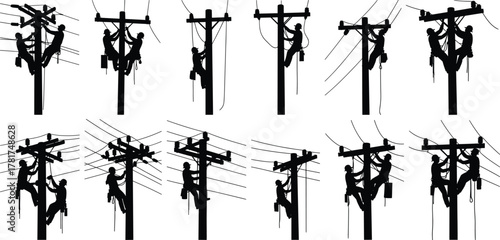 Utility pole worker silhouettes, electrical line maintenance, power line repair, safety gear, transformer installation, climbing lineman, electricity  