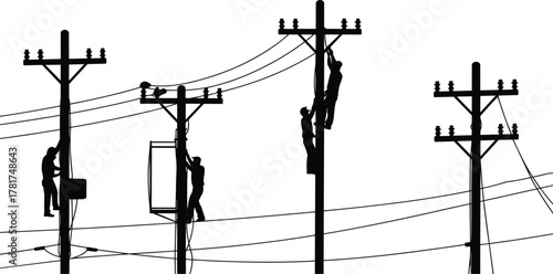 utility pole workers silhouette, electrical line maintenance vector, power line repair illustration, lineman safety design, black white worker artwork,  