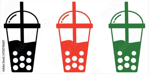 Refreshing trio of boba teas in black, red, and green for a fun, modern twist on a classic drink perfect for menus, websites, and food blogs vector.