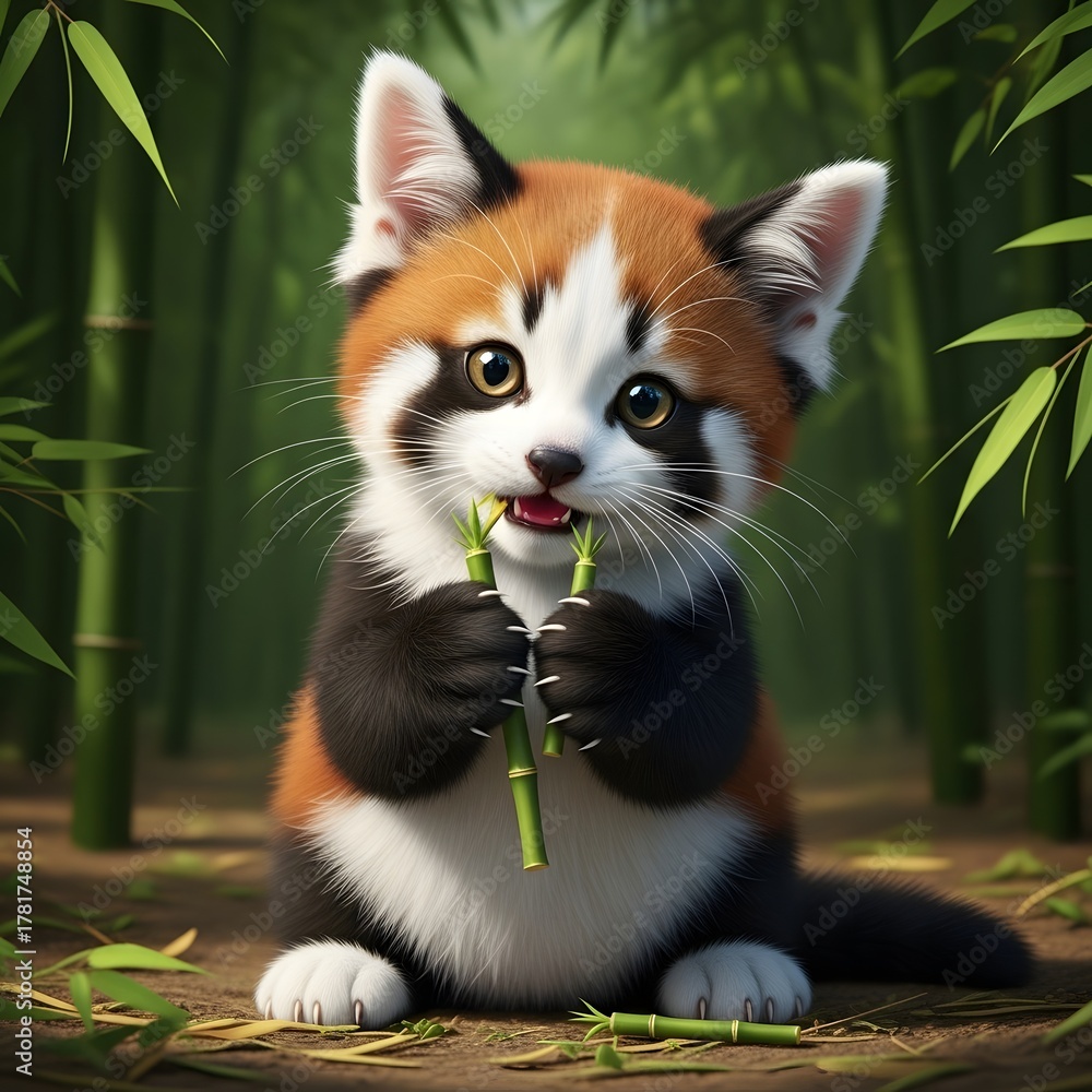 Obraz premium Red Panda Kitten in a Bamboo Forest