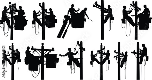 Utility worker silhouettes, electrical line repair, power pole maintenance, bucket truck, safety harness, teamwork illustration, energy industry, construction  