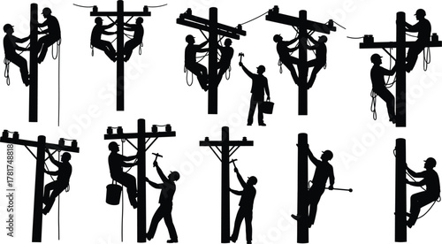 Utility worker silhouettes, electrical line repair, power pole maintenance, lineman climbing, safety harness, electricity repair, energy industry, teamwork vector,  