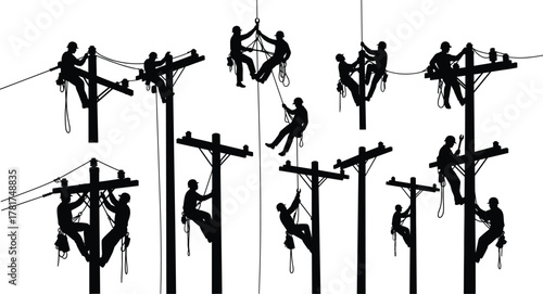 Utility workers, climbing poles, electrical repair, silhouette vector, safety gear, lineman job, harness, power line, flavector, infrastructure, cable, insulator, maintenance, black illustration, occu