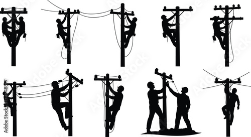 Utility workers, climbing pole, electrical repair, silhouette vector, safety gear, teamwork, power line, harness, lineman job, flavector, infrastructure, cable, insulator, maintenance, black illustrat